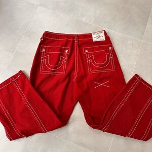 NWOT True Religion Red Denim Pants with White Stitching